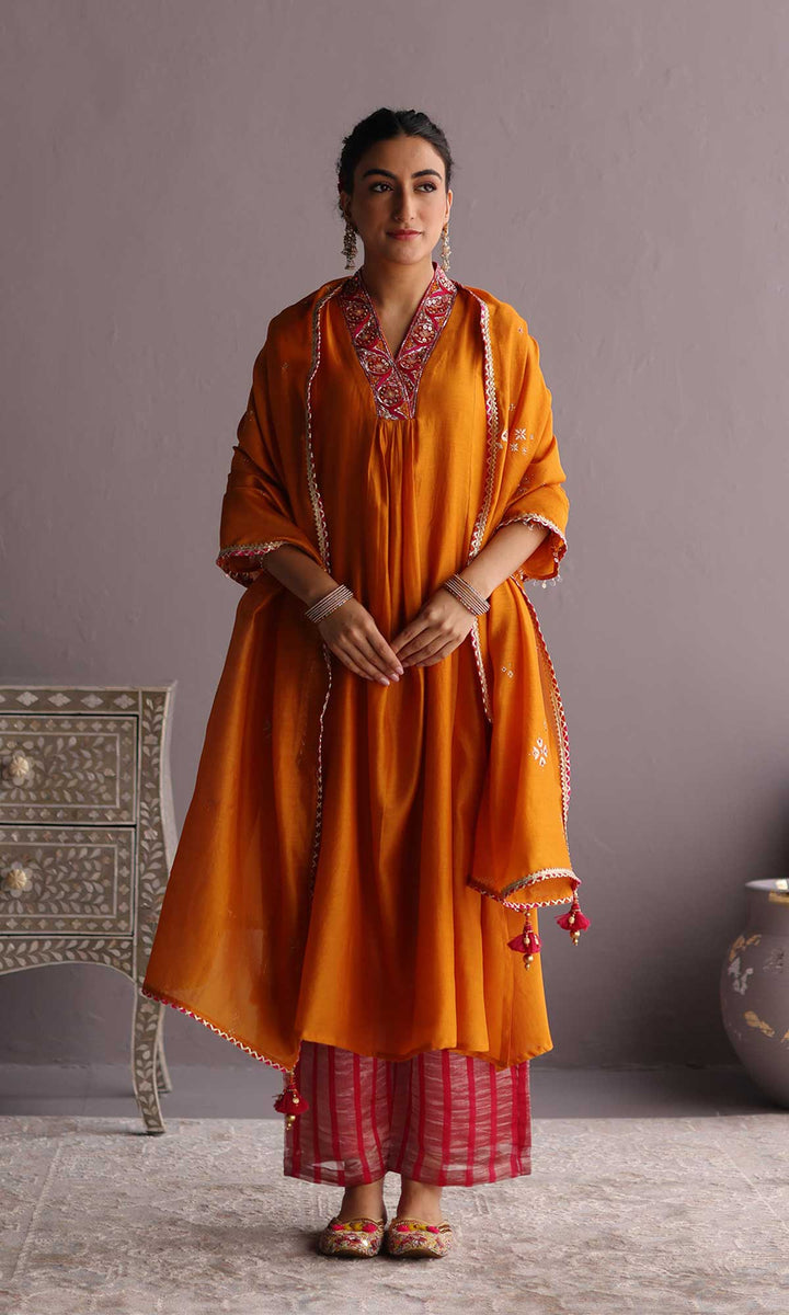 Ehram Set- Rust Orange chanderi hand embroidered kurta with Pants and dupatta (set of 3)