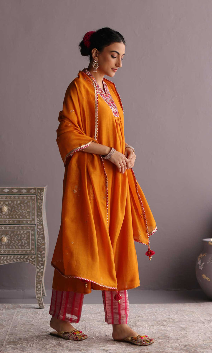 Ehram Set- Rust Orange chanderi hand embroidered kurta with Pants and dupatta (set of 3)