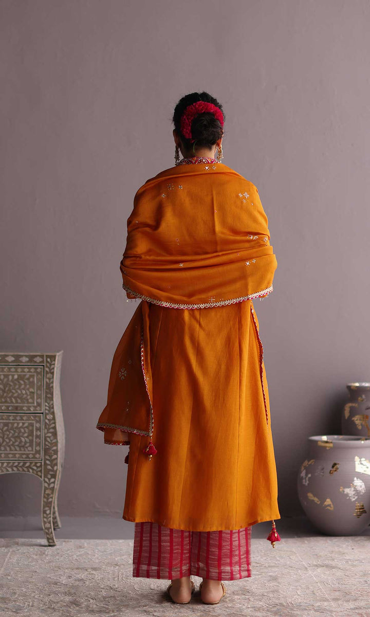 Ehram Set- Rust Orange chanderi hand embroidered kurta with Pants and dupatta (set of 3)