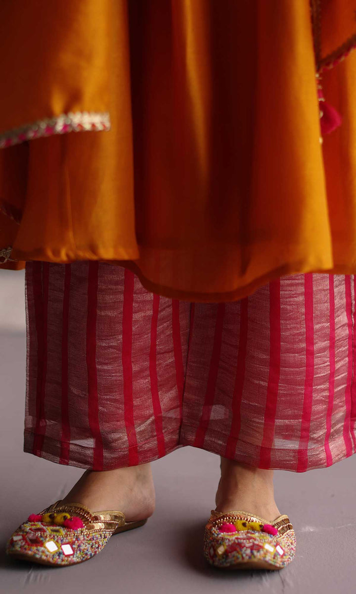Ehram Set- Rust Orange chanderi hand embroidered kurta with Pants and dupatta (set of 3)