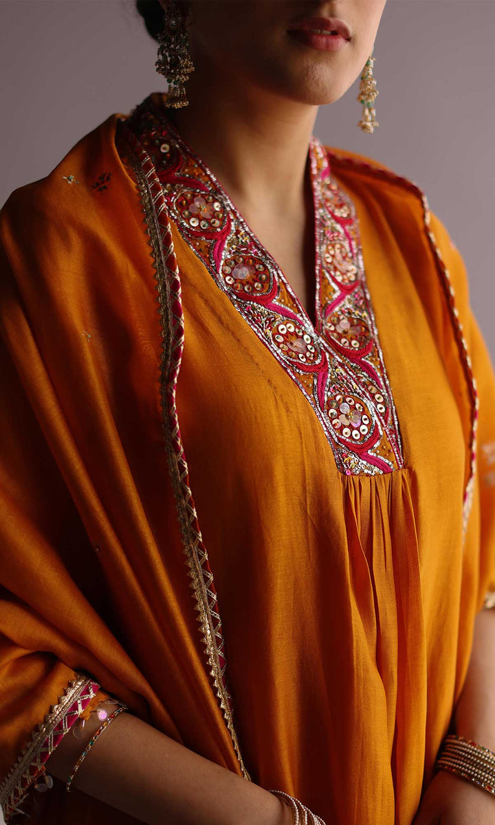 Ehram Set- Rust Orange chanderi hand embroidered kurta with Pants and dupatta (set of 3)