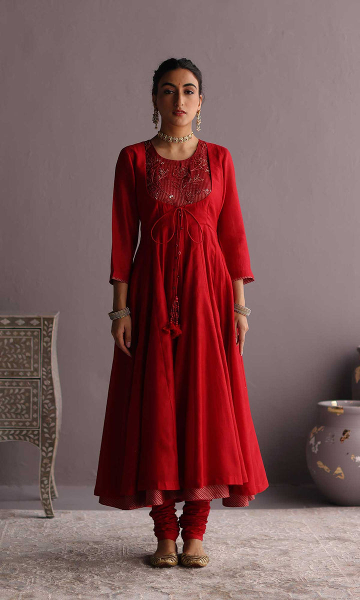 Hayat Set- Dusky Rose chanderi hand embroidered anarkali with churidar and dupatta (set of 3)