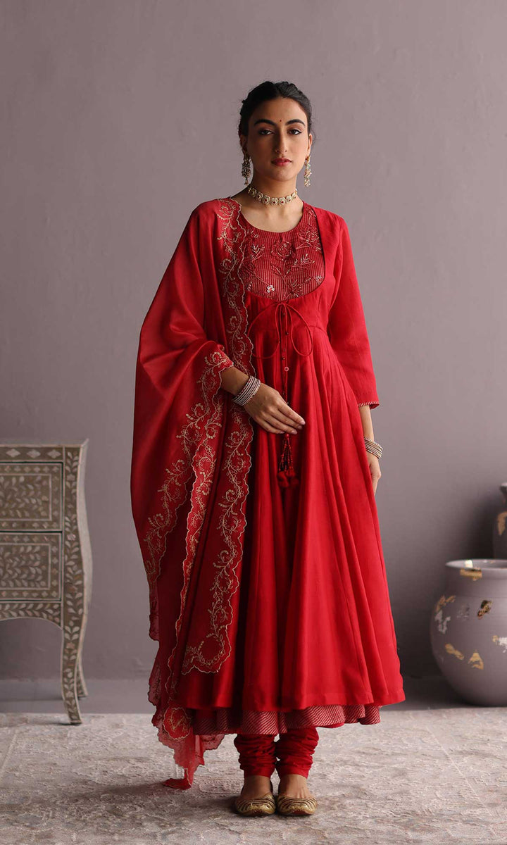 Hayat Set- Dusky Rose chanderi hand embroidered anarkali with churidar and dupatta (set of 3)