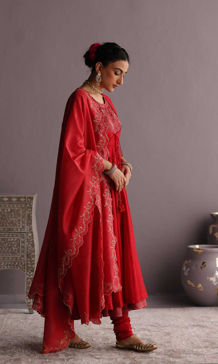 Hayat Set- Dusky Rose chanderi hand embroidered anarkali with churidar and dupatta (set of 3)