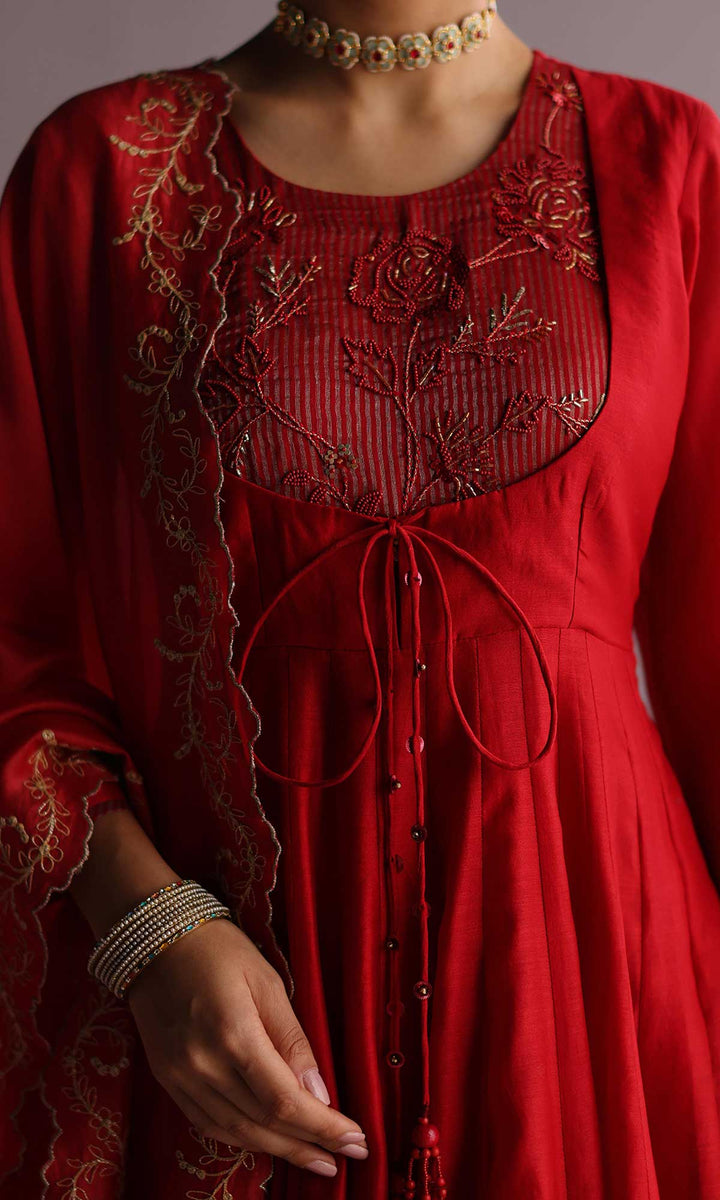Hayat Set- Dusky Rose chanderi hand embroidered anarkali with churidar and dupatta (set of 3)