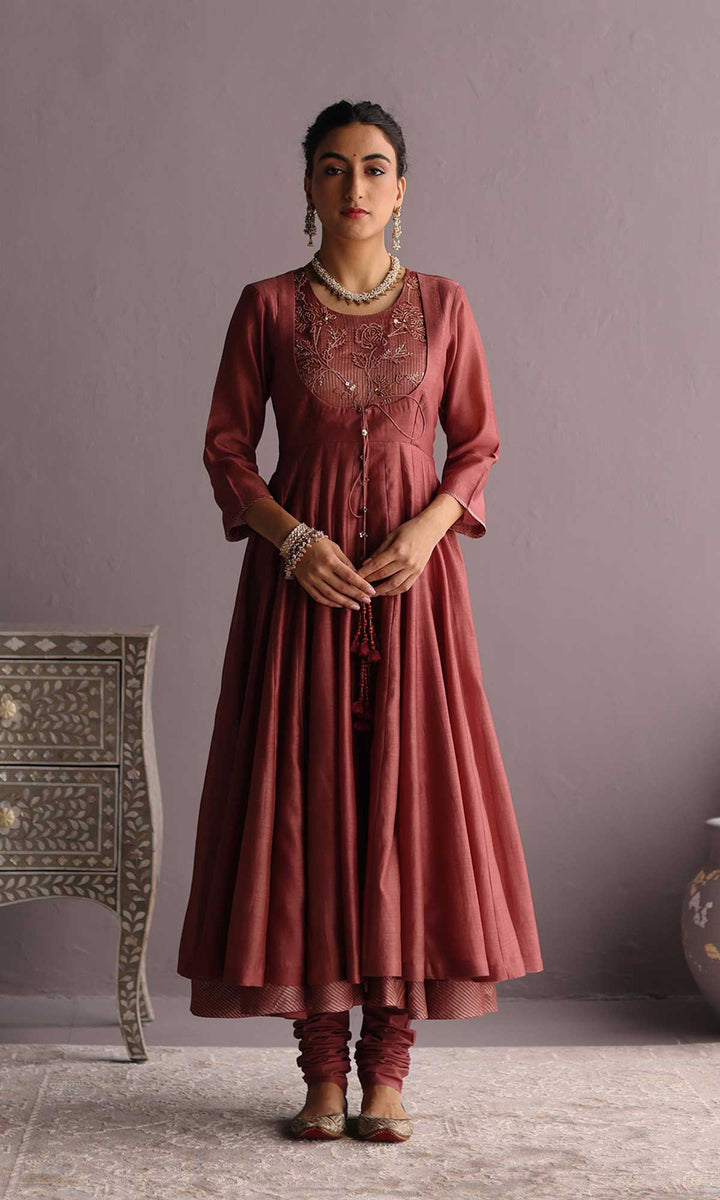 Hayat Set- Dusky Rose chanderi hand embroidered anarkali with churidar and dupatta (set of 3)