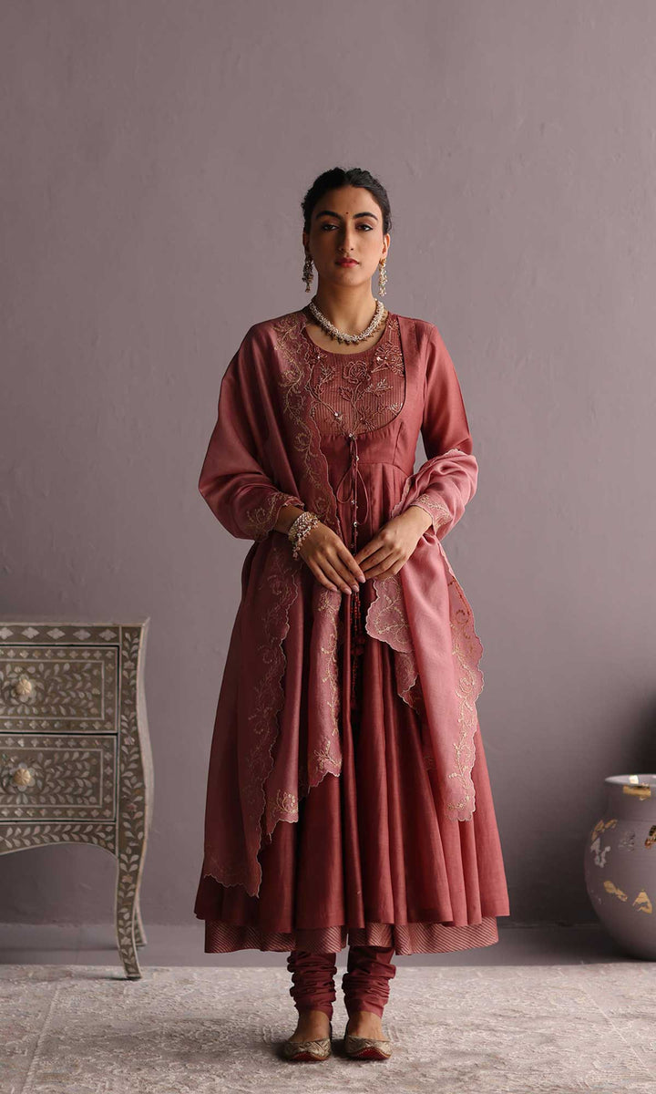 Hayat Set- Dusky Rose chanderi hand embroidered anarkali with churidar and dupatta (set of 3)