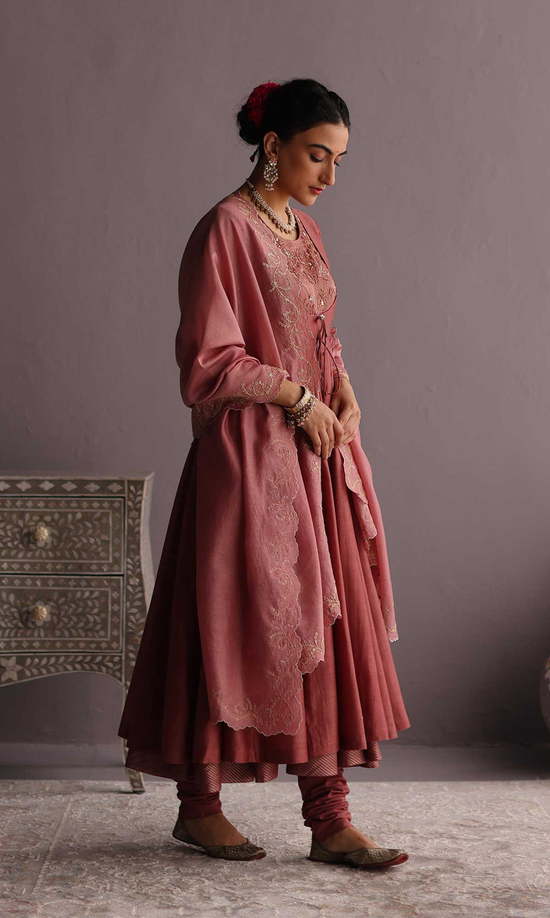 Hayat Set- Dusky Rose chanderi hand embroidered anarkali with churidar and dupatta (set of 3)