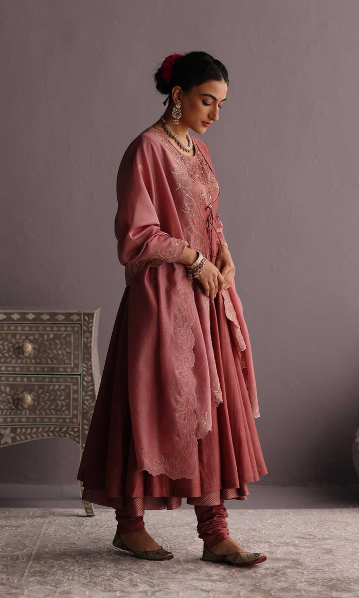 Hayat Set- Dusky Rose chanderi hand embroidered anarkali with churidar and dupatta (set of 3)