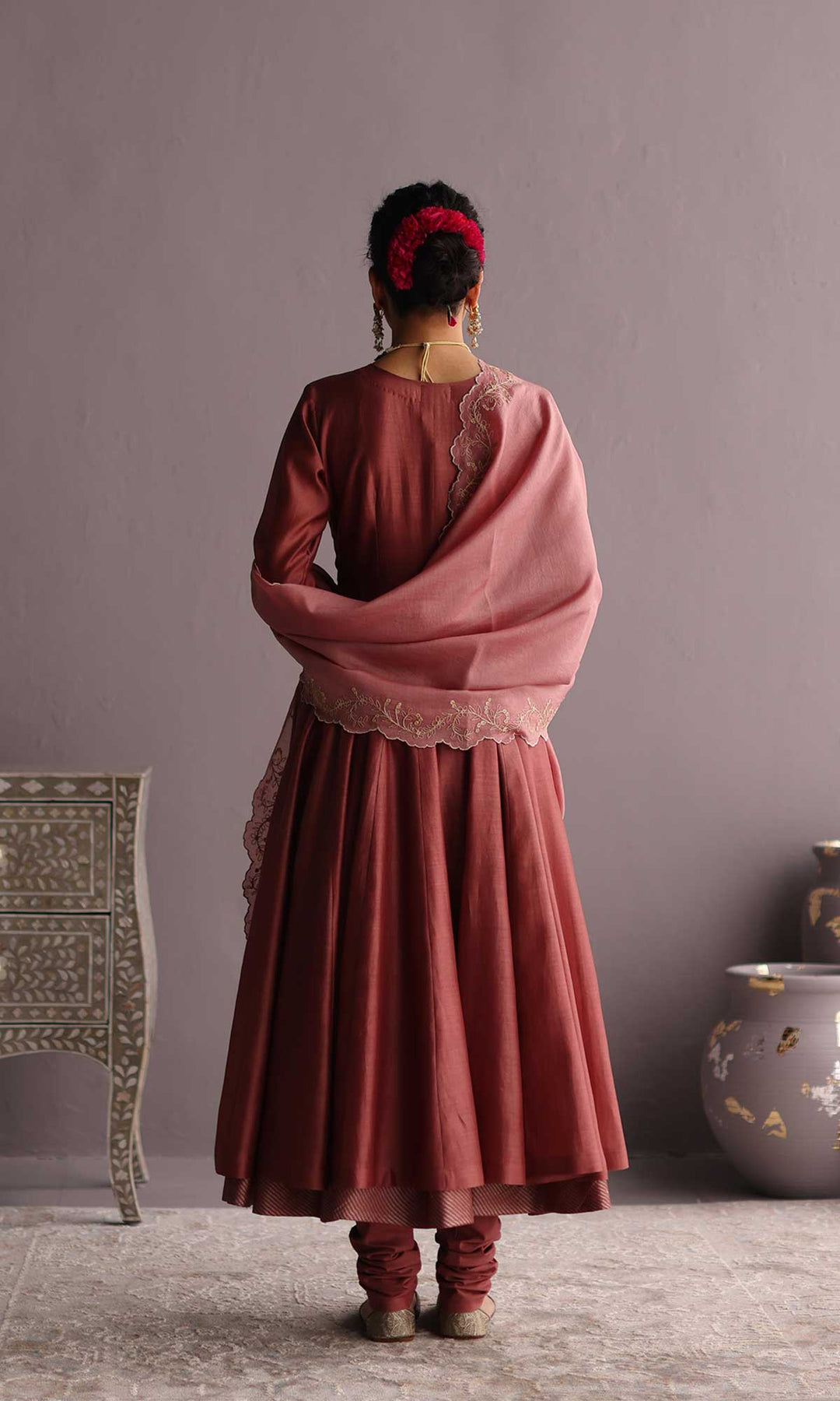 Hayat Set- Dusky Rose chanderi hand embroidered anarkali with churidar and dupatta (set of 3)