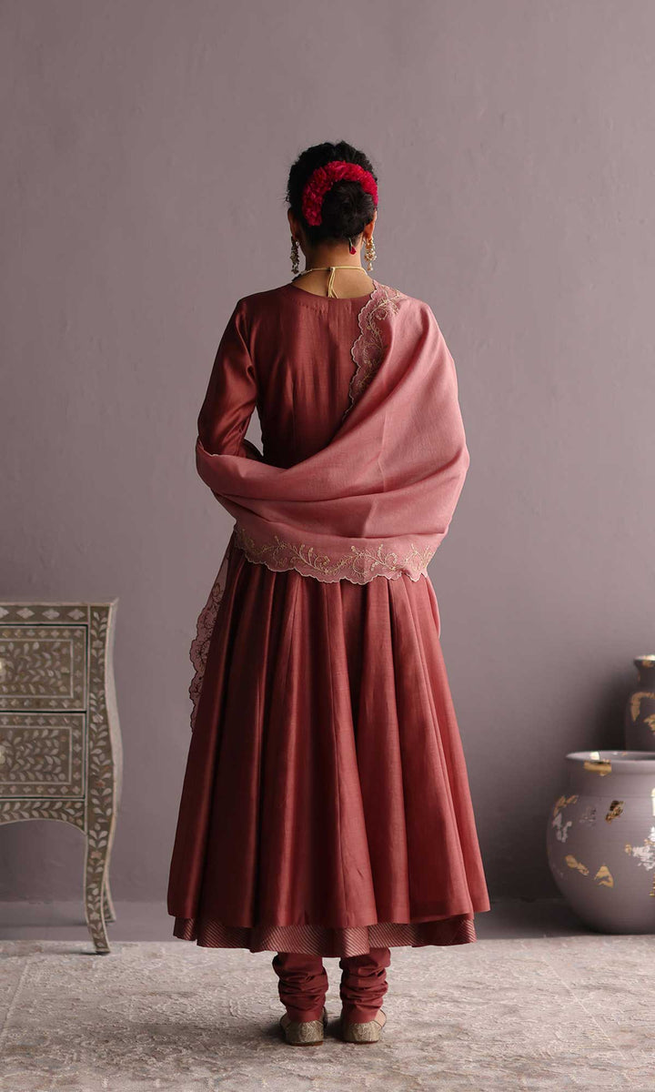 Hayat Set- Dusky Rose chanderi hand embroidered anarkali with churidar and dupatta (set of 3)