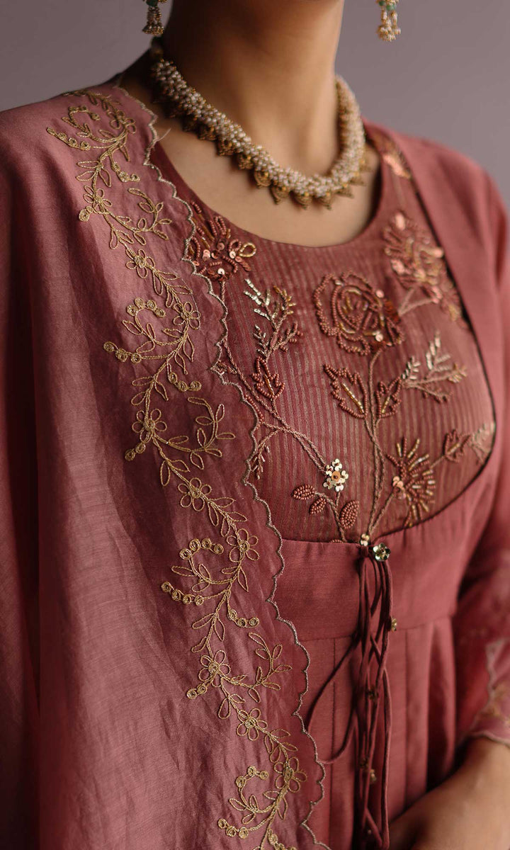 Hayat Set- Dusky Rose chanderi hand embroidered anarkali with churidar and dupatta (set of 3)