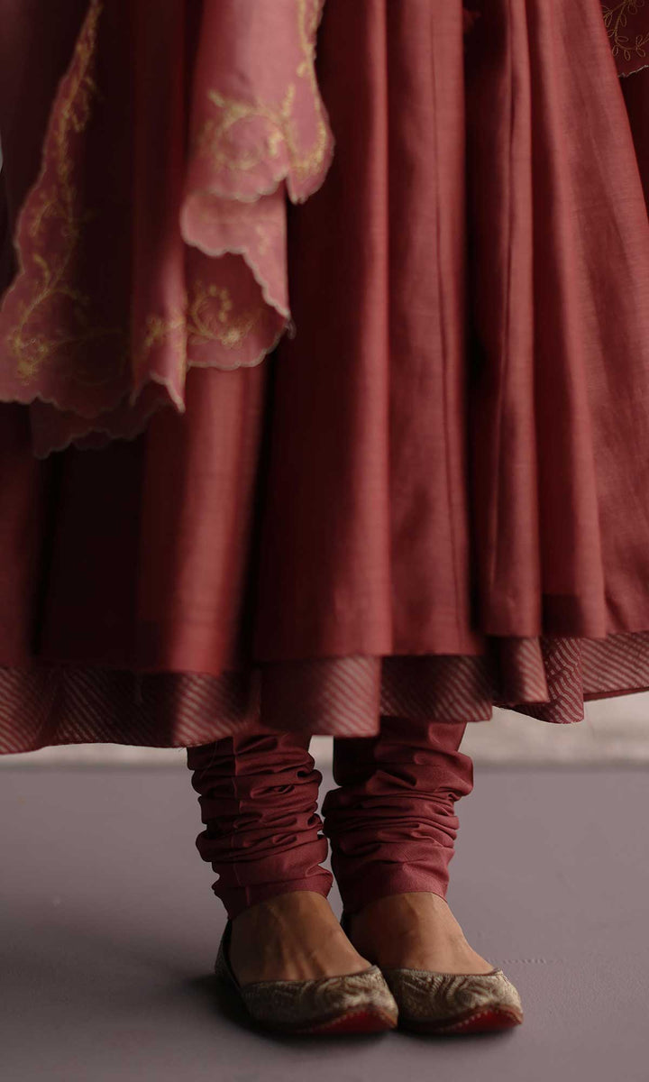 Hayat Set- Dusky Rose chanderi hand embroidered anarkali with churidar and dupatta (set of 3)