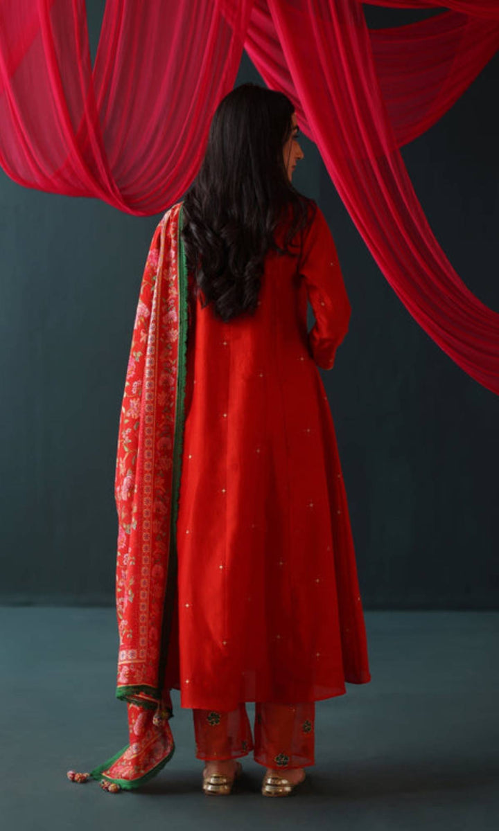 Feeya Set- Peach chanderi hand embroidered kurta and pants with printed dupatta (set of 3)