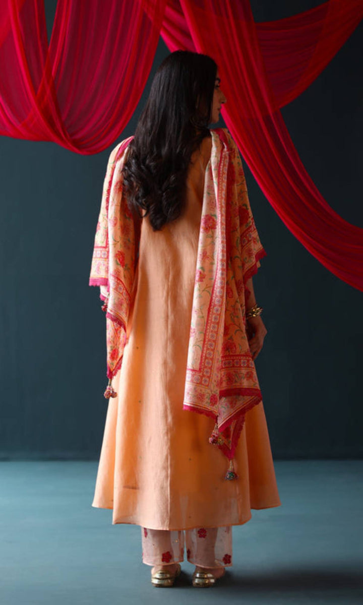 Feeya Set- Peach chanderi hand embroidered kurta and pants with printed dupatta (set of 3)