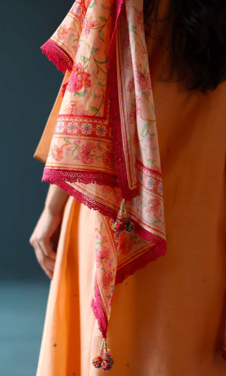 Feeya Set- Peach chanderi hand embroidered kurta and pants with printed dupatta (set of 3)