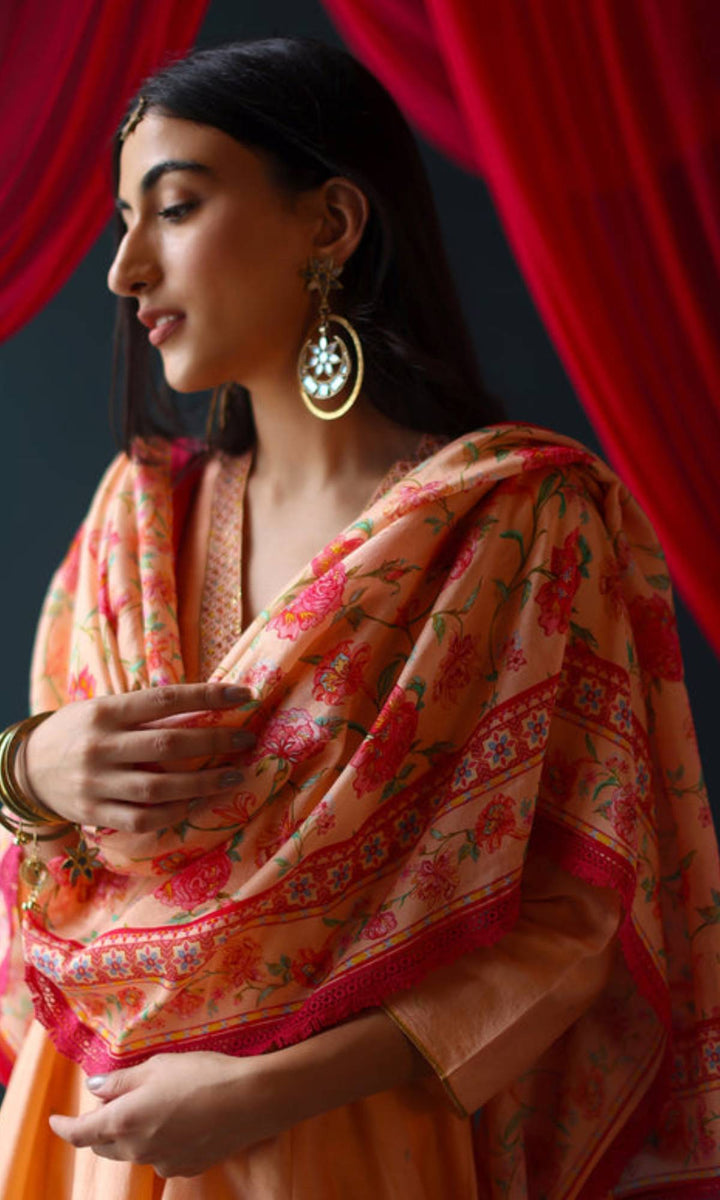 Feeya Set- Peach chanderi hand embroidered kurta and pants with printed dupatta (set of 3)