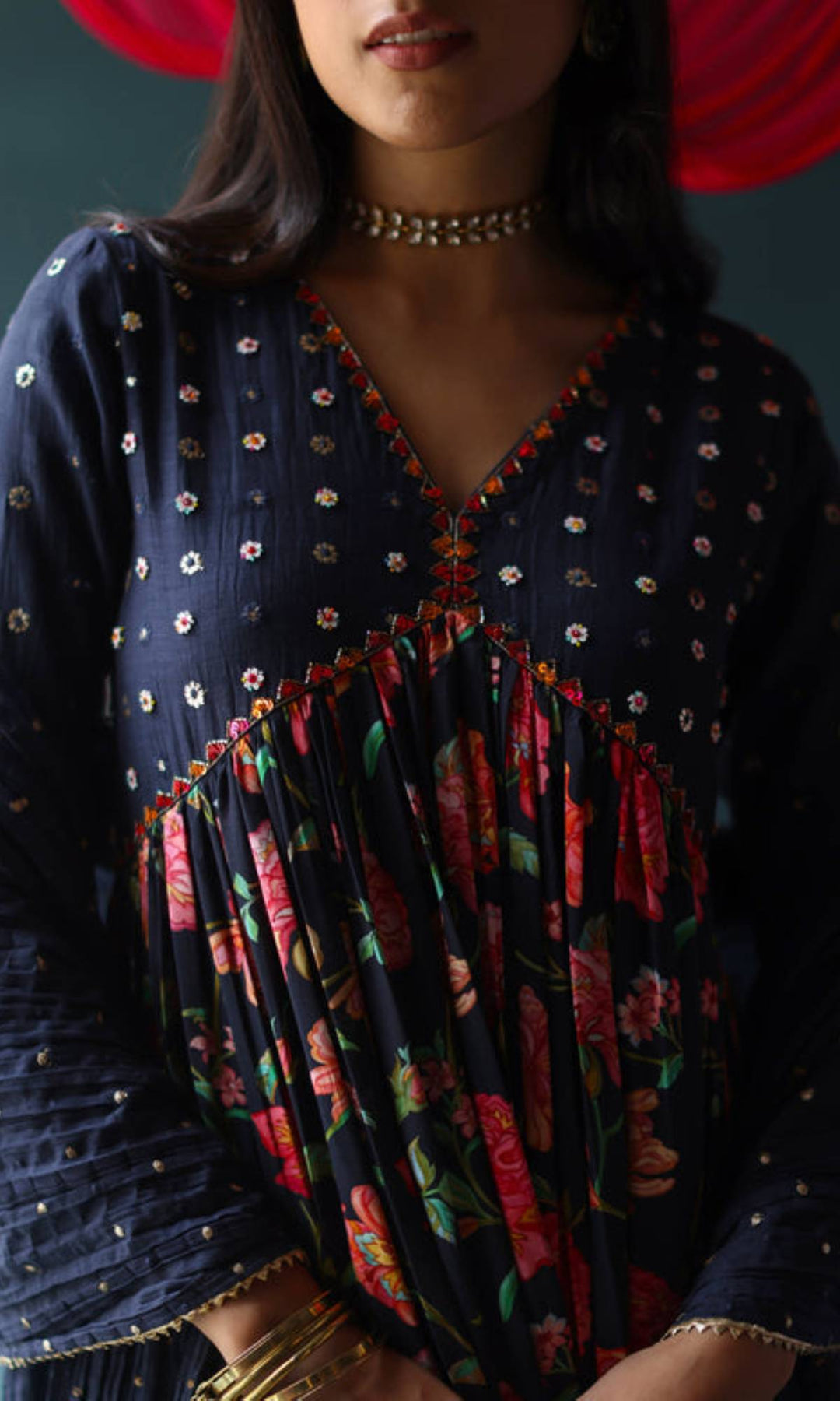 Maheen Set- Midnight Blue chanderi hand embroidered kurta with pants and crushed dupatta (set of 3)