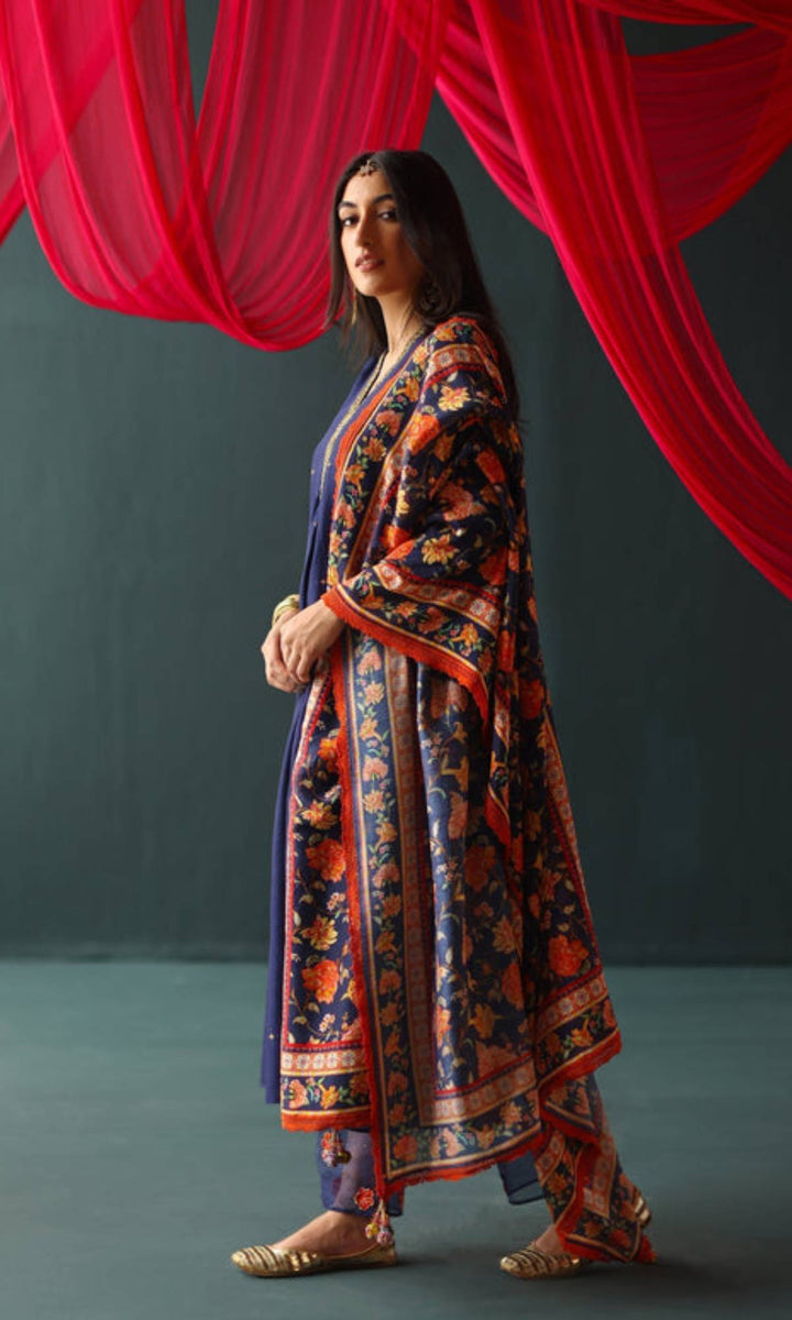 Feeya Set- Peach chanderi hand embroidered kurta and pants with printed dupatta (set of 3)