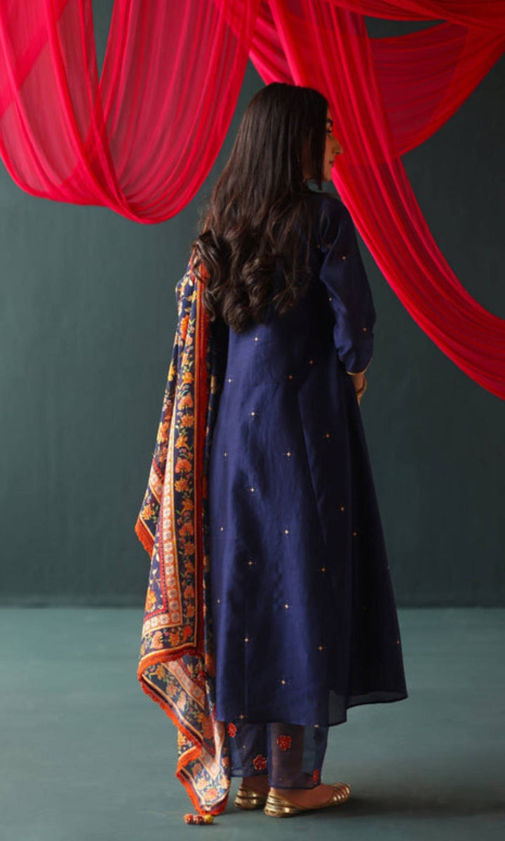 Feeya Set- Peach chanderi hand embroidered kurta and pants with printed dupatta (set of 3)