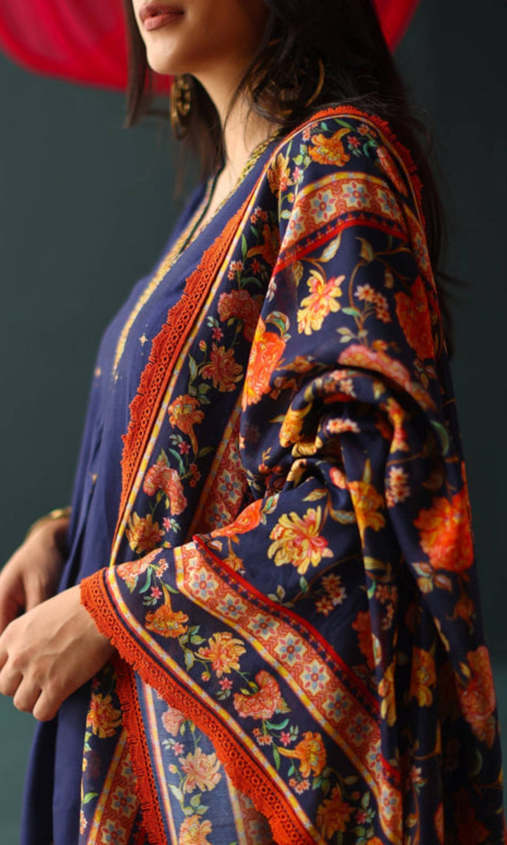 Feeya Set- Peach chanderi hand embroidered kurta and pants with printed dupatta (set of 3)