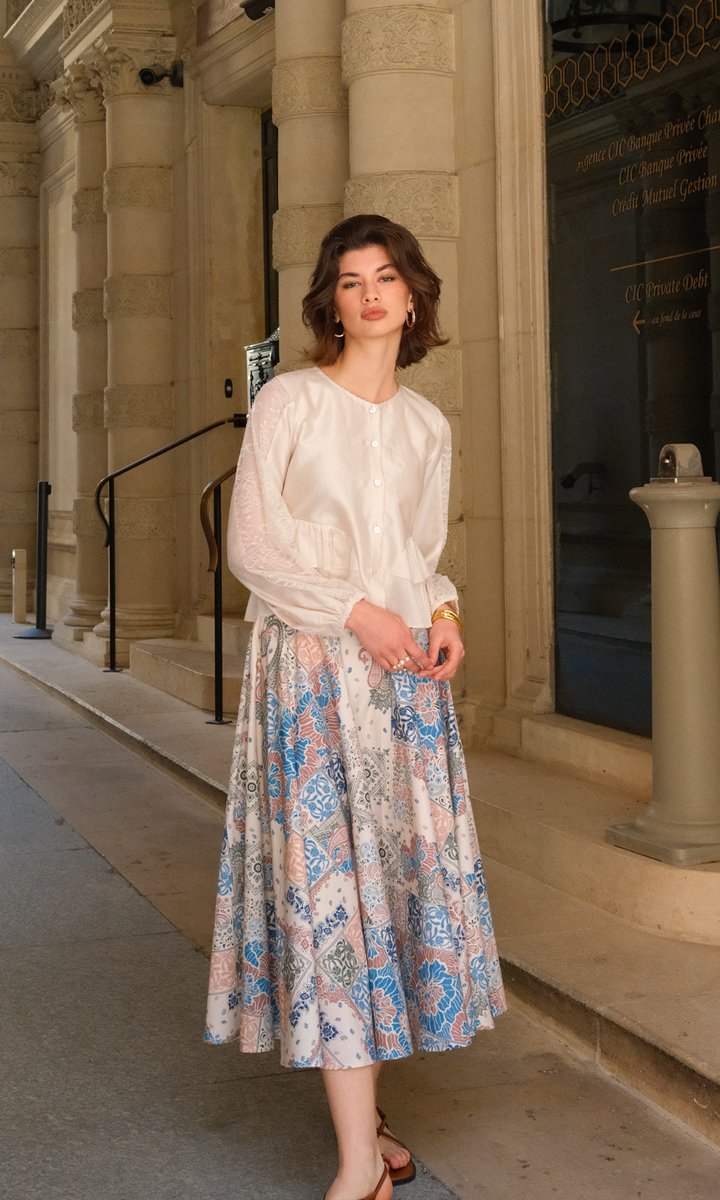 Solace- Chanderi Ruffle Top with Printed Poplin Skirt