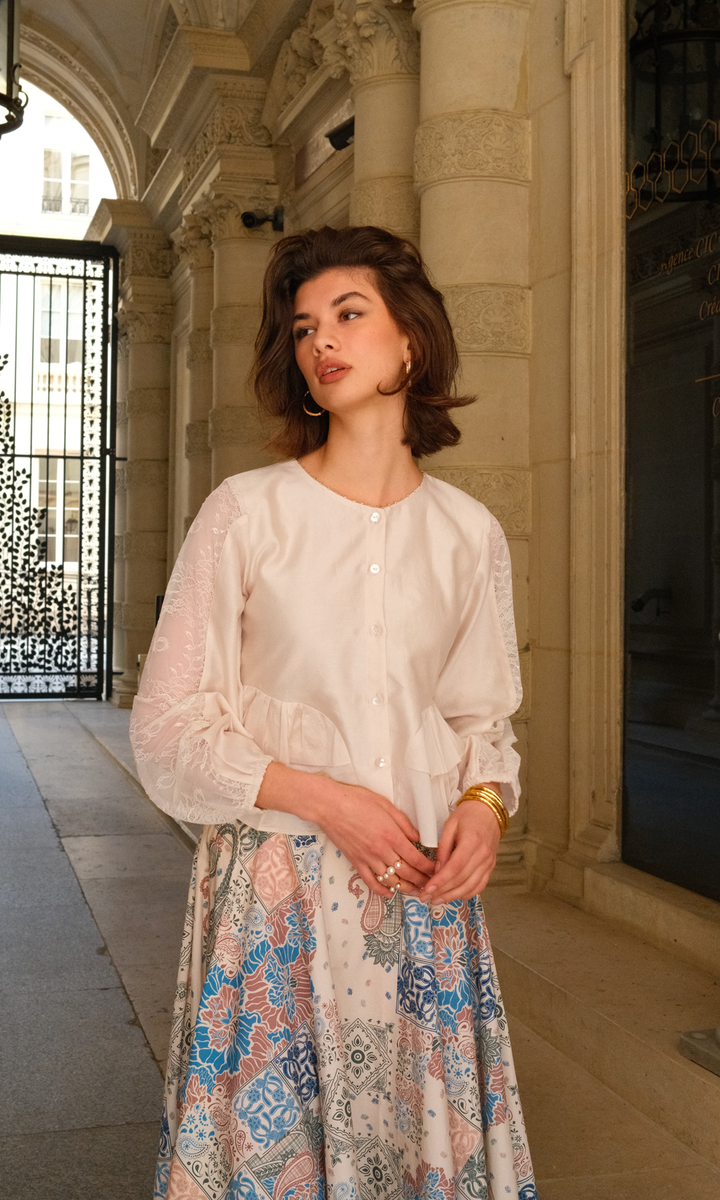 Solace- Chanderi Ruffle Top with Printed Poplin Skirt