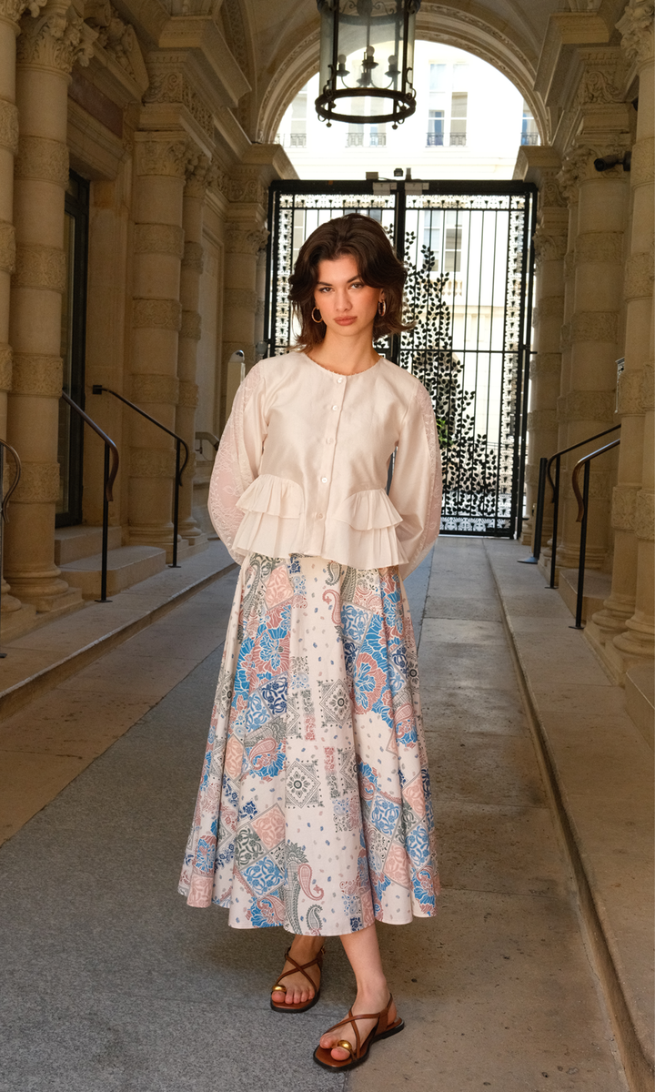 Solace- Chanderi Ruffle Top with Printed Poplin Skirt