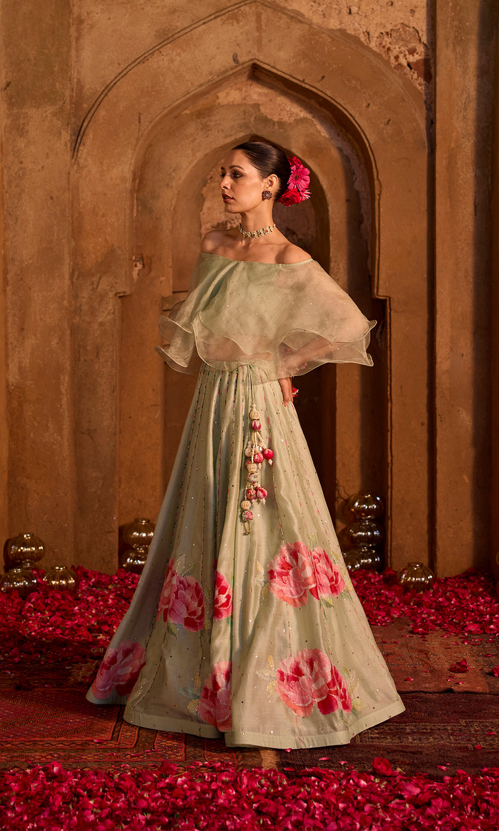 Farisha- Mint floral patched chanderi hand embroidered lehenga with ruffle blouse (set of 2)