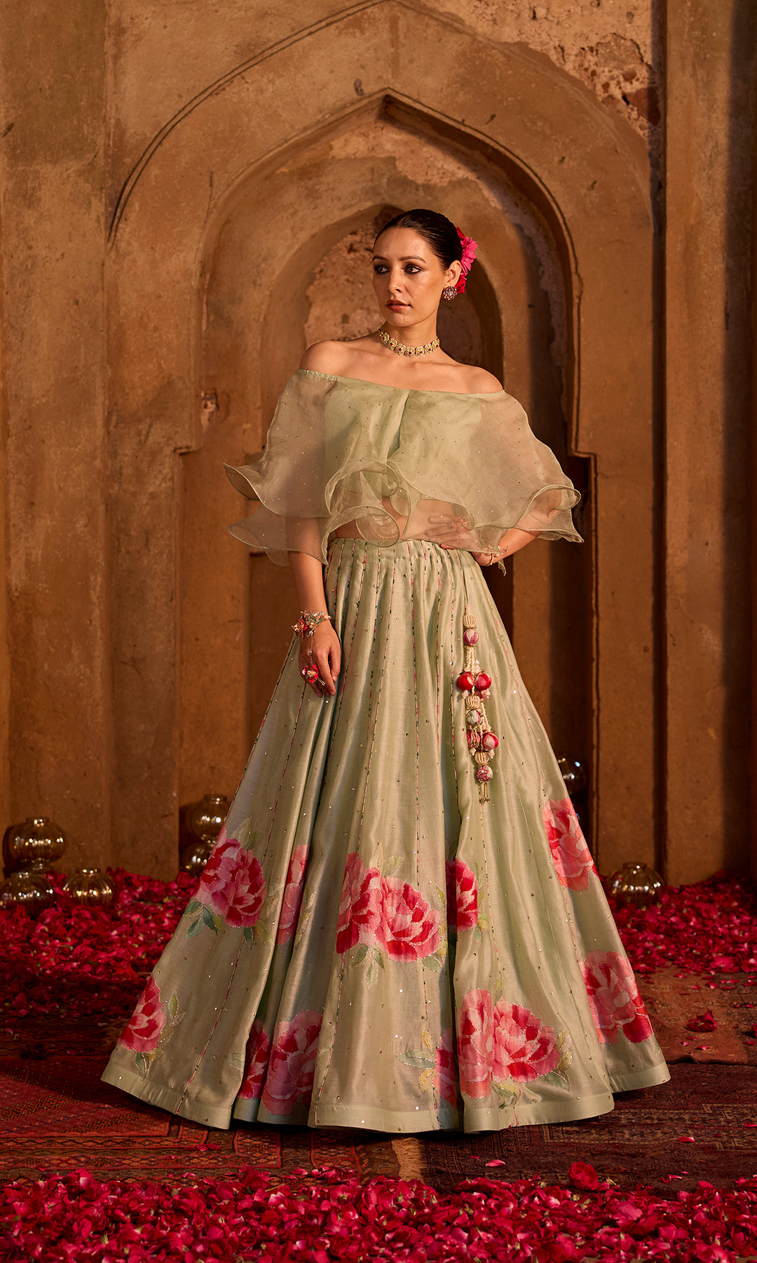 Farisha- Mint floral patched chanderi hand embroidered lehenga with ruffle blouse (set of 2)