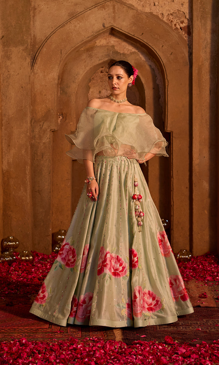 Farisha- Mint floral patched chanderi hand embroidered lehenga with ruffle blouse (set of 2)