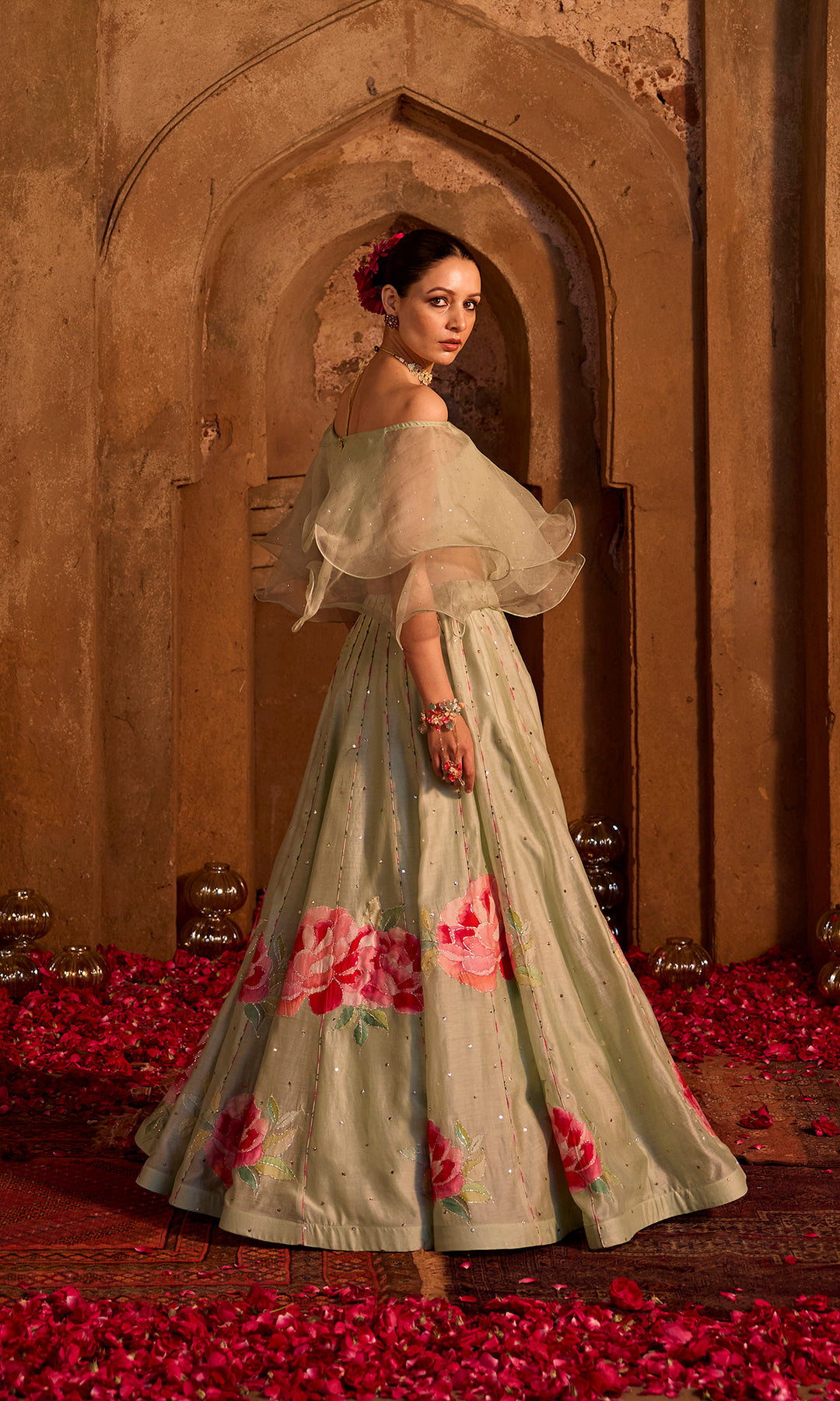 Farisha- Mint floral patched chanderi hand embroidered lehenga with ruffle blouse (set of 2)