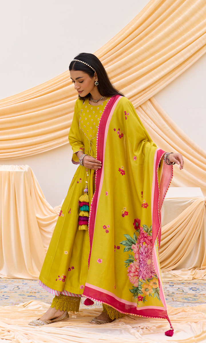 Soraya Set- Chanderi Digitally Printed Floral Anarkali Set (set of 3)