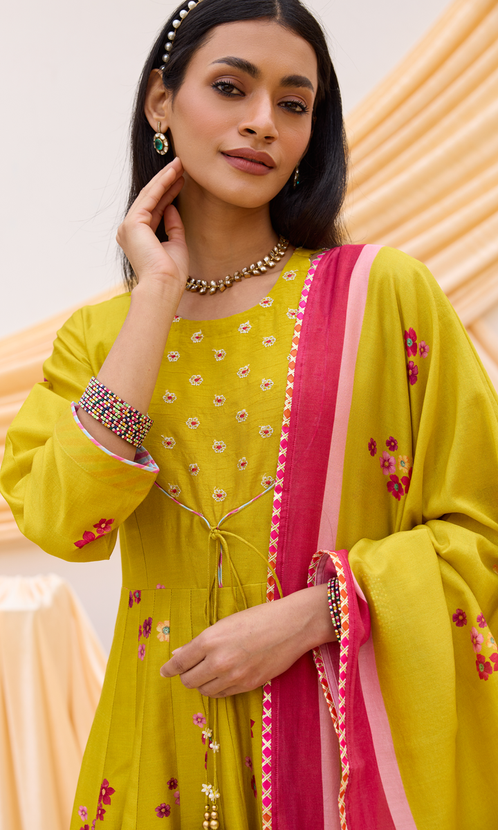Soraya Set- Chanderi Digitally Printed Floral Anarkali Set (set of 3)