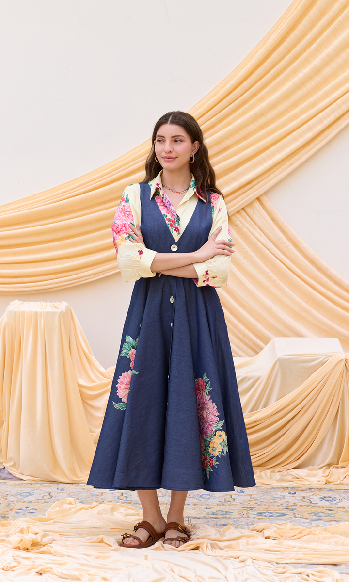 Heidi- Denim Patchwork Dress with digitally printed shirt
