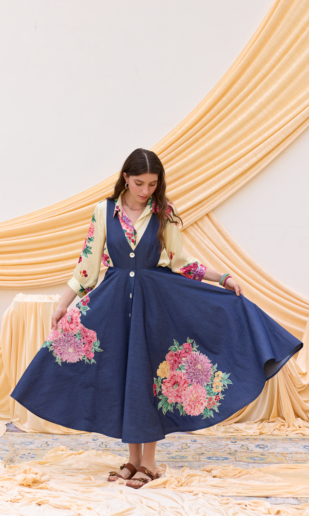 Heidi- Denim Patchwork Dress with digitally printed shirt