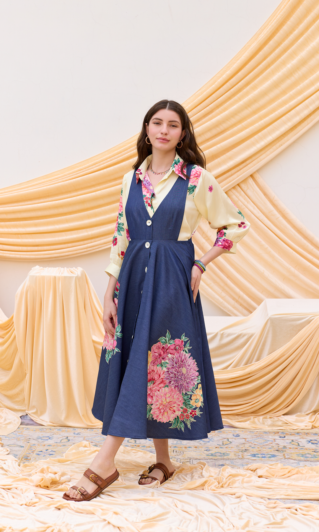 Heidi- Denim Patchwork Dress with digitally printed shirt