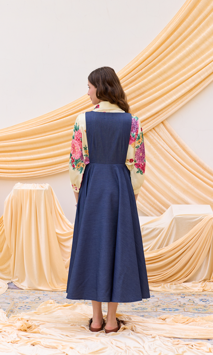 Heidi- Denim Patchwork Dress with digitally printed shirt