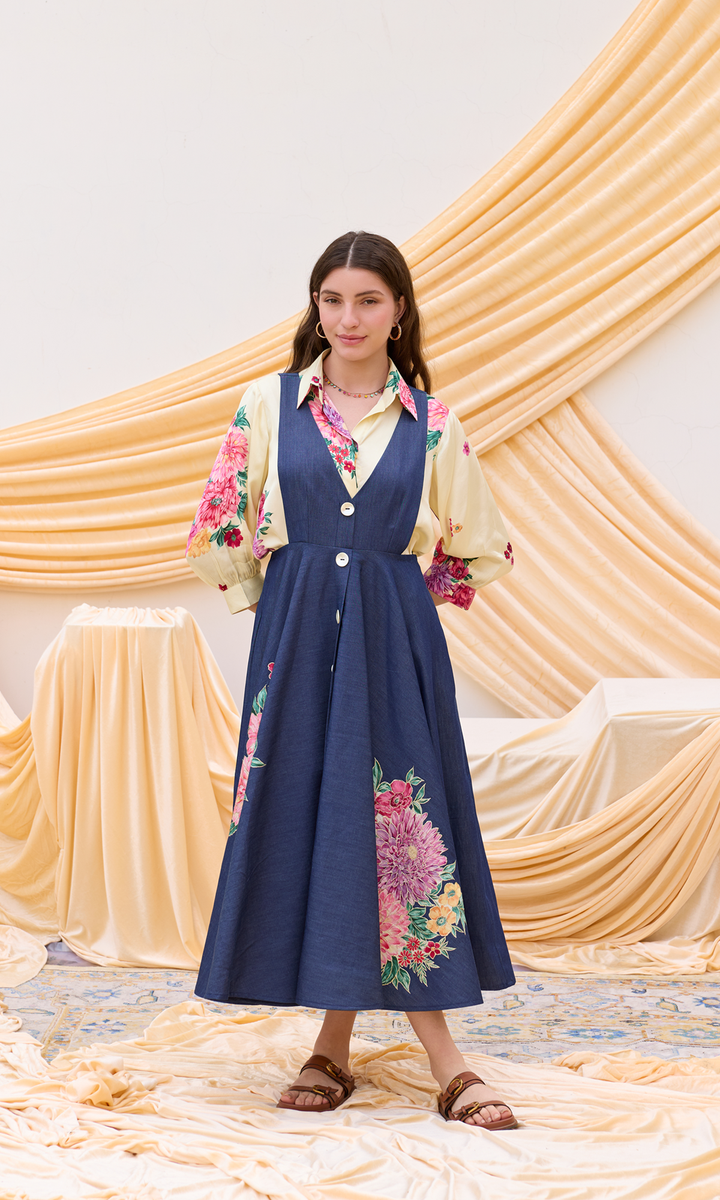 Heidi- Denim Patchwork Dress with digitally printed shirt