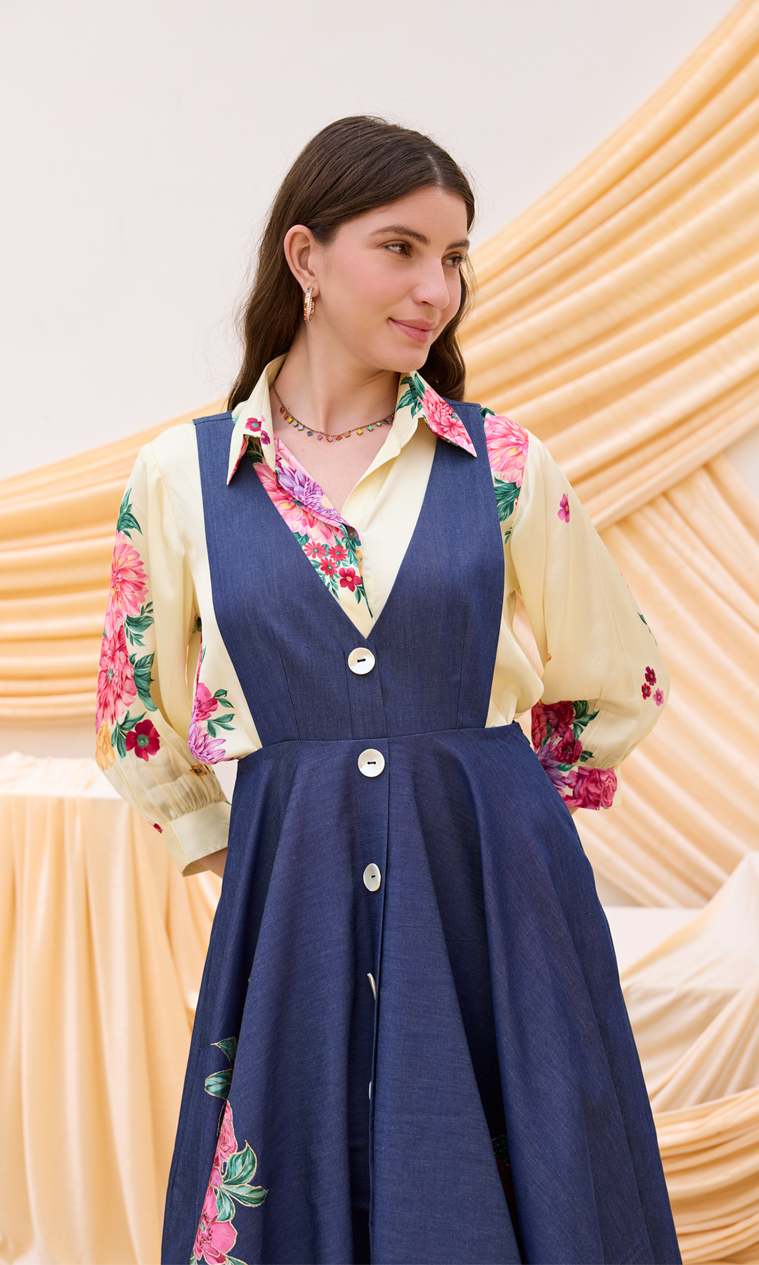 Heidi- Denim Patchwork Dress with digitally printed shirt