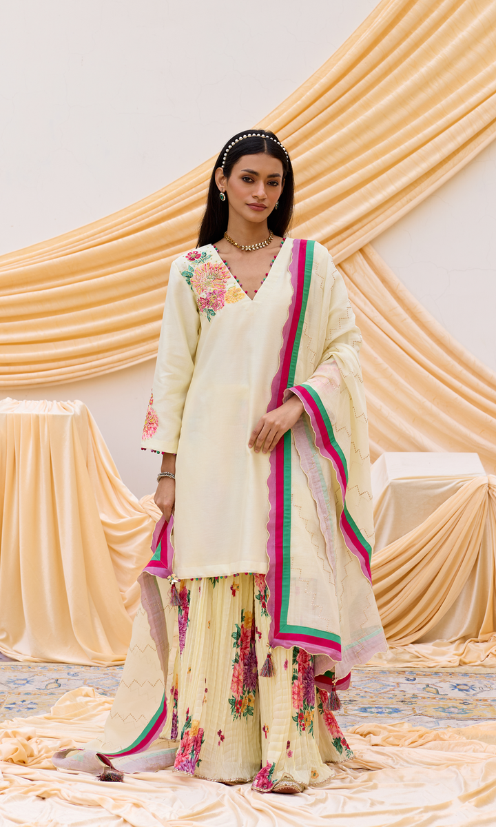 Ruwa Set- Hand Embroidered Kurta with Printed Sharara and Dupatta (set of 3)