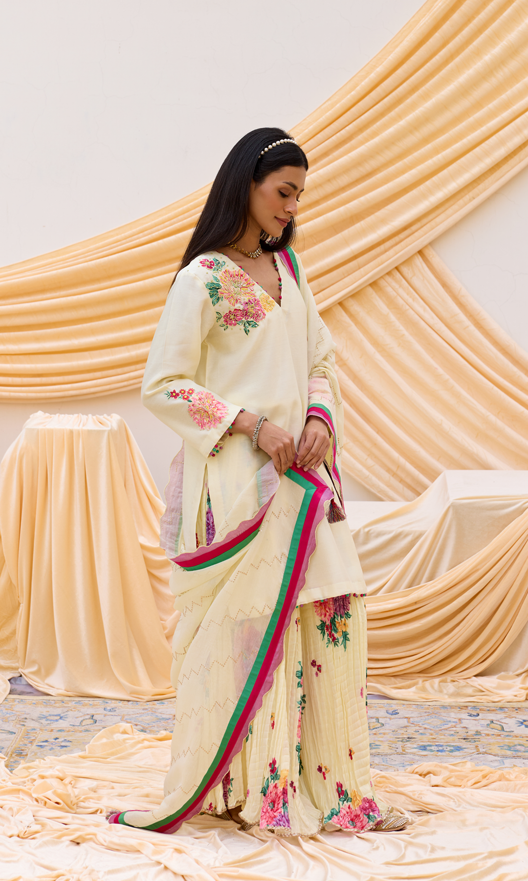 Ruwa Set- Hand Embroidered Kurta with Printed Sharara and Dupatta (set of 3)