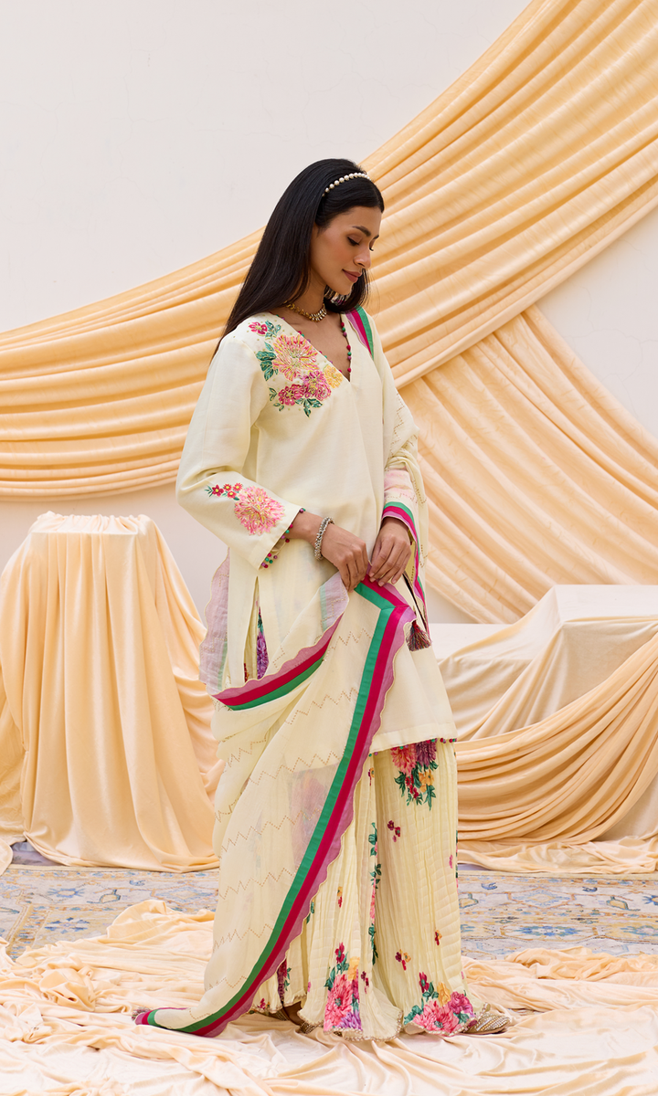 Ruwa Set- Hand Embroidered Kurta with Printed Sharara and Dupatta (set of 3)