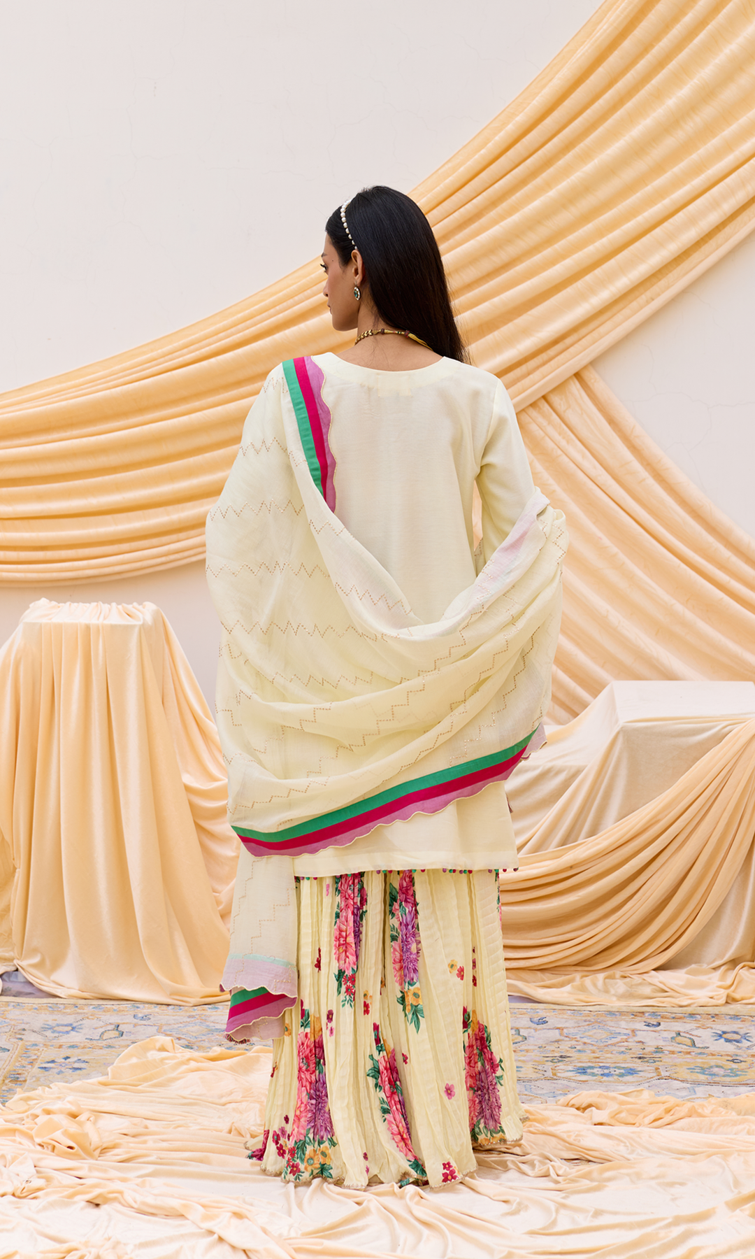 Ruwa Set- Hand Embroidered Kurta with Printed Sharara and Dupatta (set of 3)