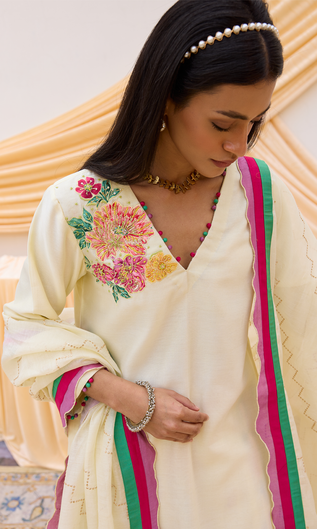 Ruwa Set- Hand Embroidered Kurta with Printed Sharara and Dupatta (set of 3)