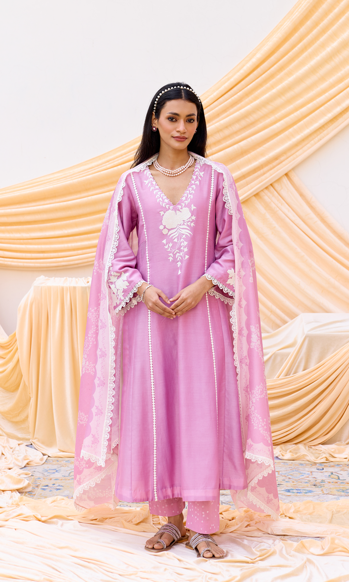 Nour Set- Chanderi Patchwork Kurta Set with Digital Dupatta (set of 3)