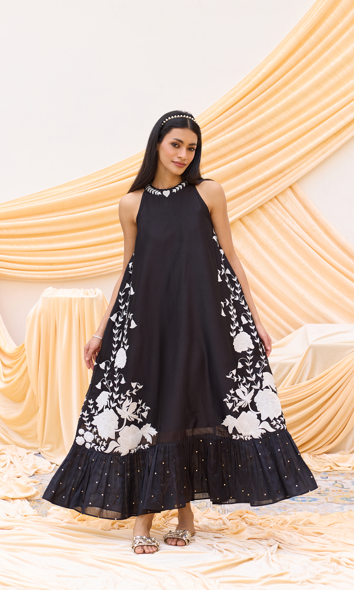 Primrose - Chanderi Tie Up dress with appliqué work