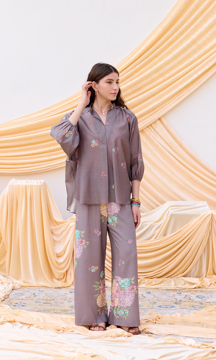 Audrey- Digitally printed Chanderi anti-fit top with buttersilk pants
