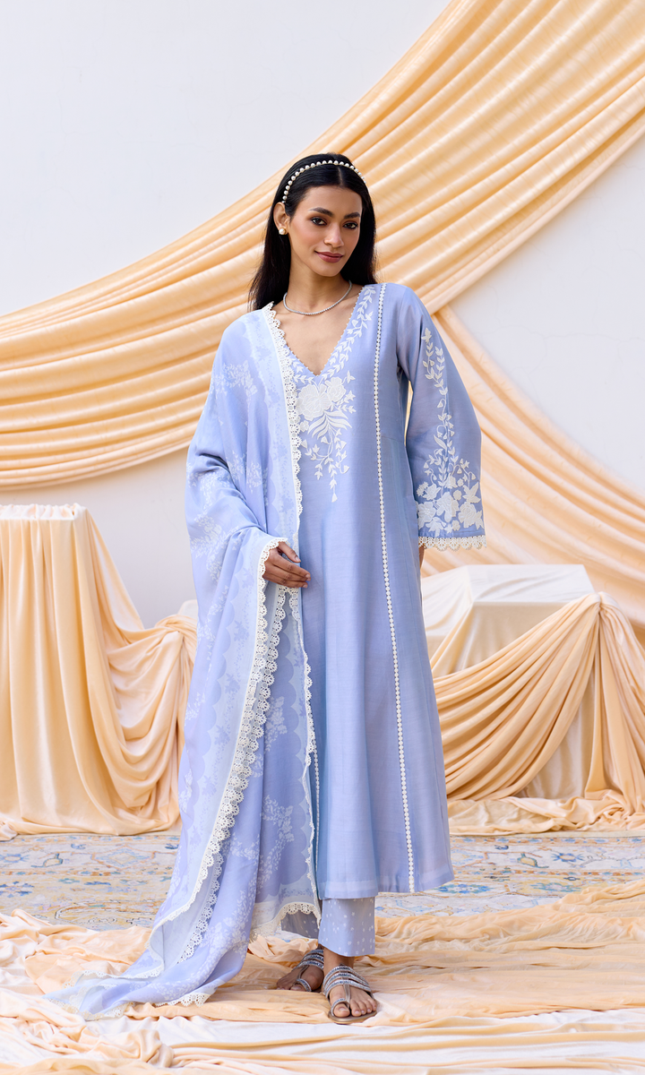 Nour Set- Chanderi Patchwork Kurta Set with Digital Dupatta (set of 3)