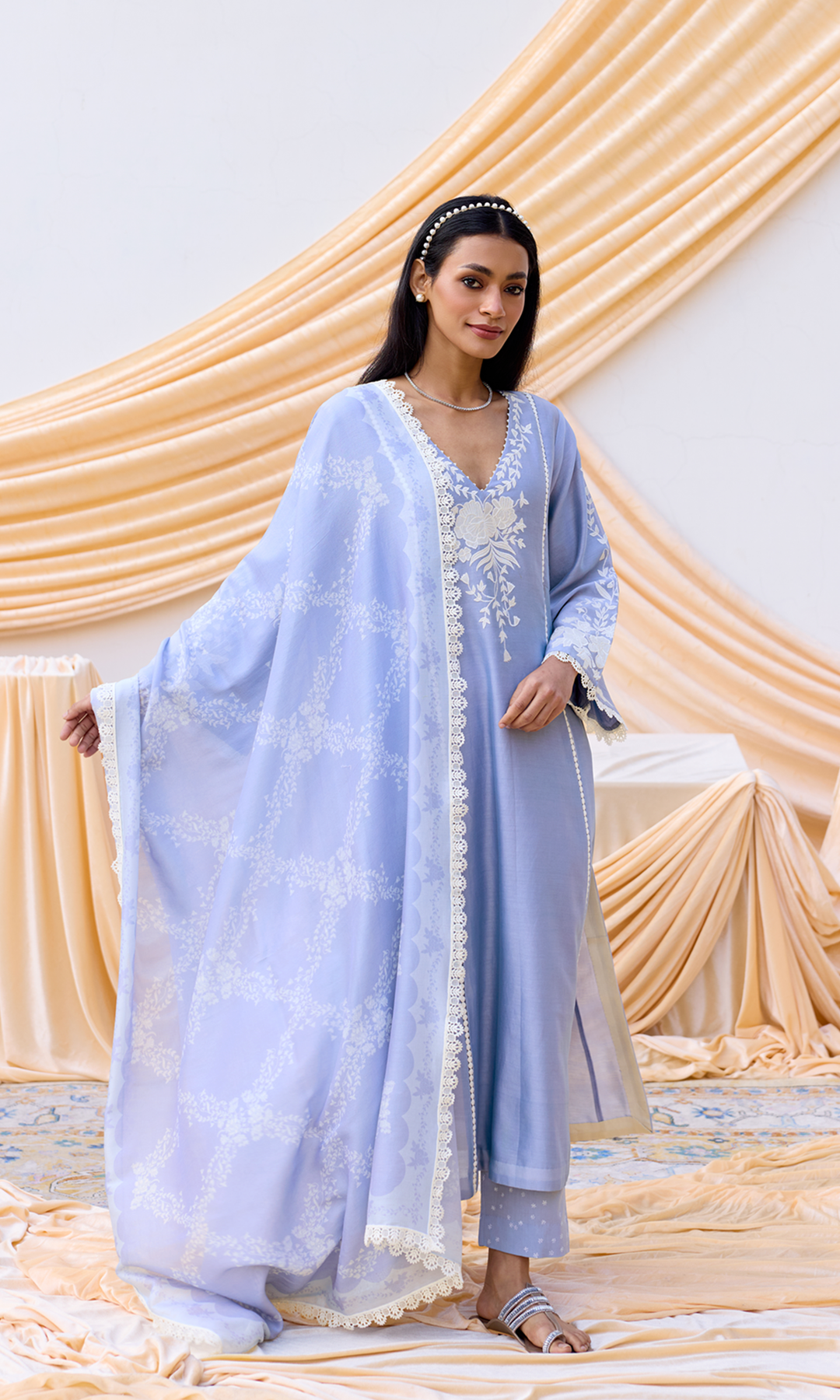 Nour Set- Chanderi Patchwork Kurta Set with Digital Dupatta (set of 3)